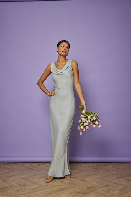 Pandy Satin Cowl Bridesmaid Dress - Duck Egg Blue - 6 / Duck Egg