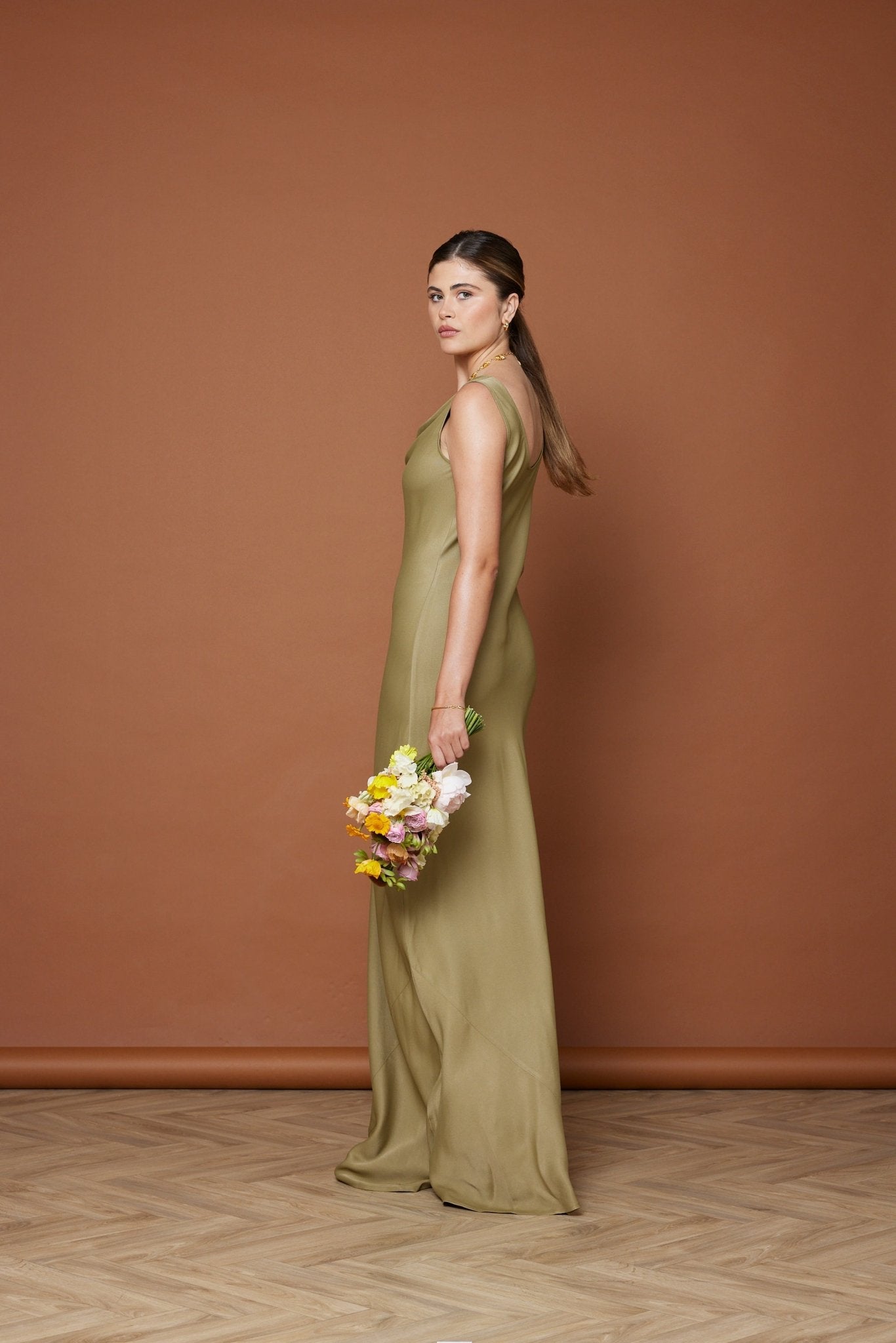 Pandy Satin Cowl Dress - Olive Green NEW - Maids to Measure