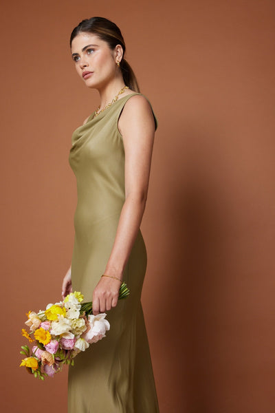 Pandy Satin Cowl Dress - Olive Green NEW - Maids to Measure