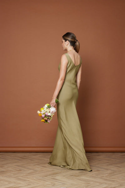 Pandy Satin Cowl Dress - Olive Green NEW - Maids to Measure