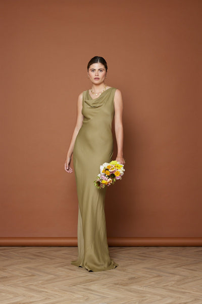 Pandy Satin Cowl Dress - Olive Green NEW - Maids to Measure