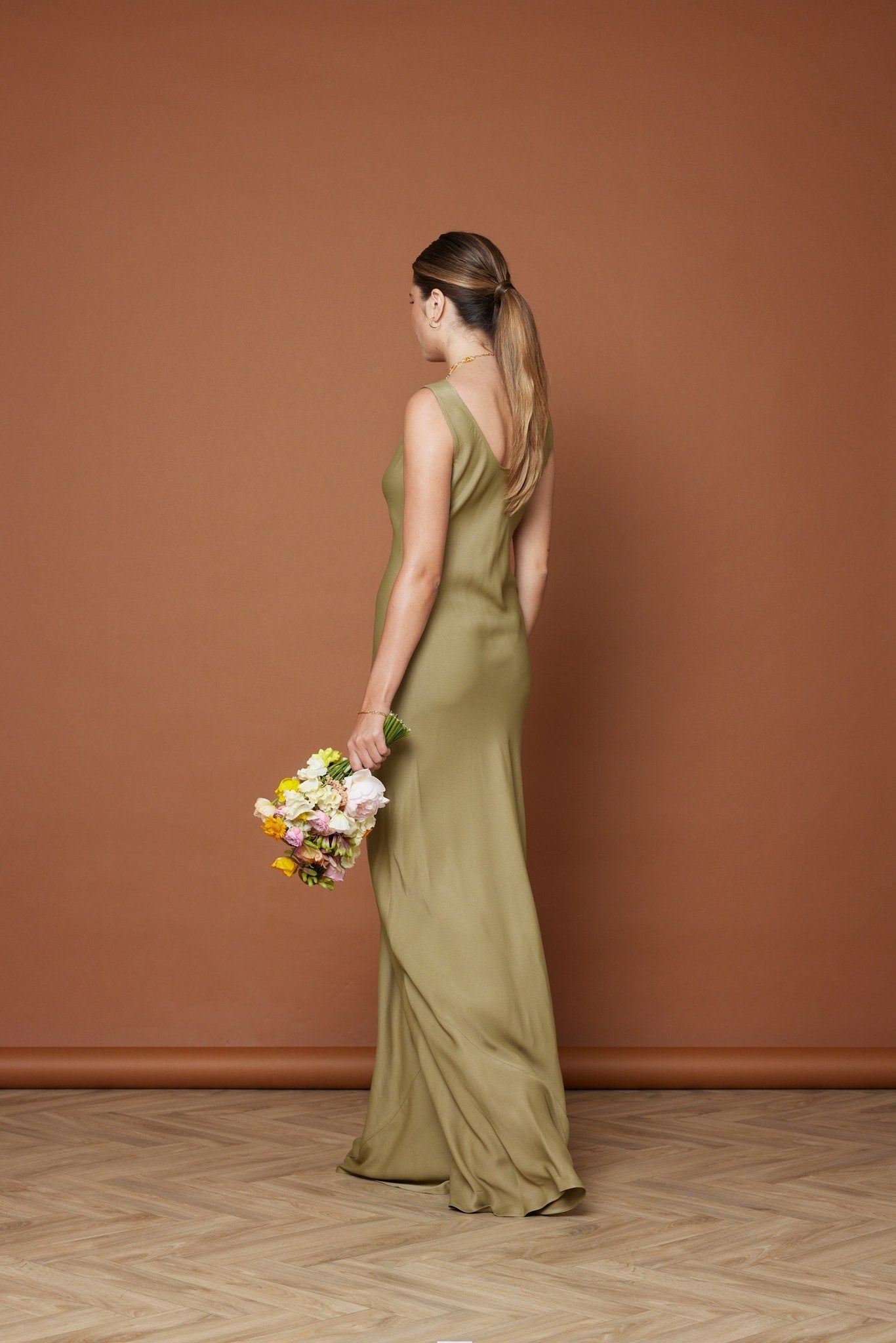 Pandy Satin Cowl Dress - Olive Green NEW - Maids to Measure