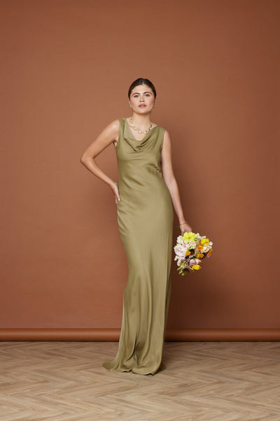 Pandy Satin Cowl Dress - Olive Green NEW - Maids to Measure