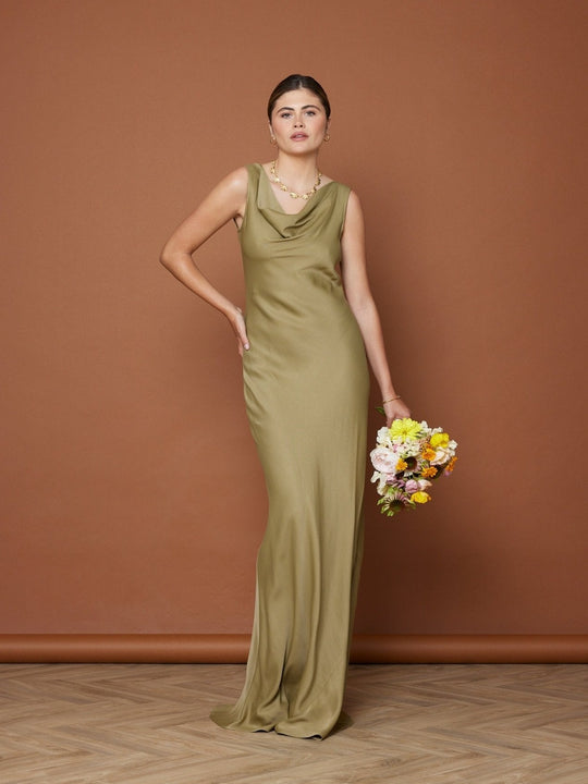 Pandy Satin Cowl Bridesmaid Dress - Olive Green - 10 / Olive Green