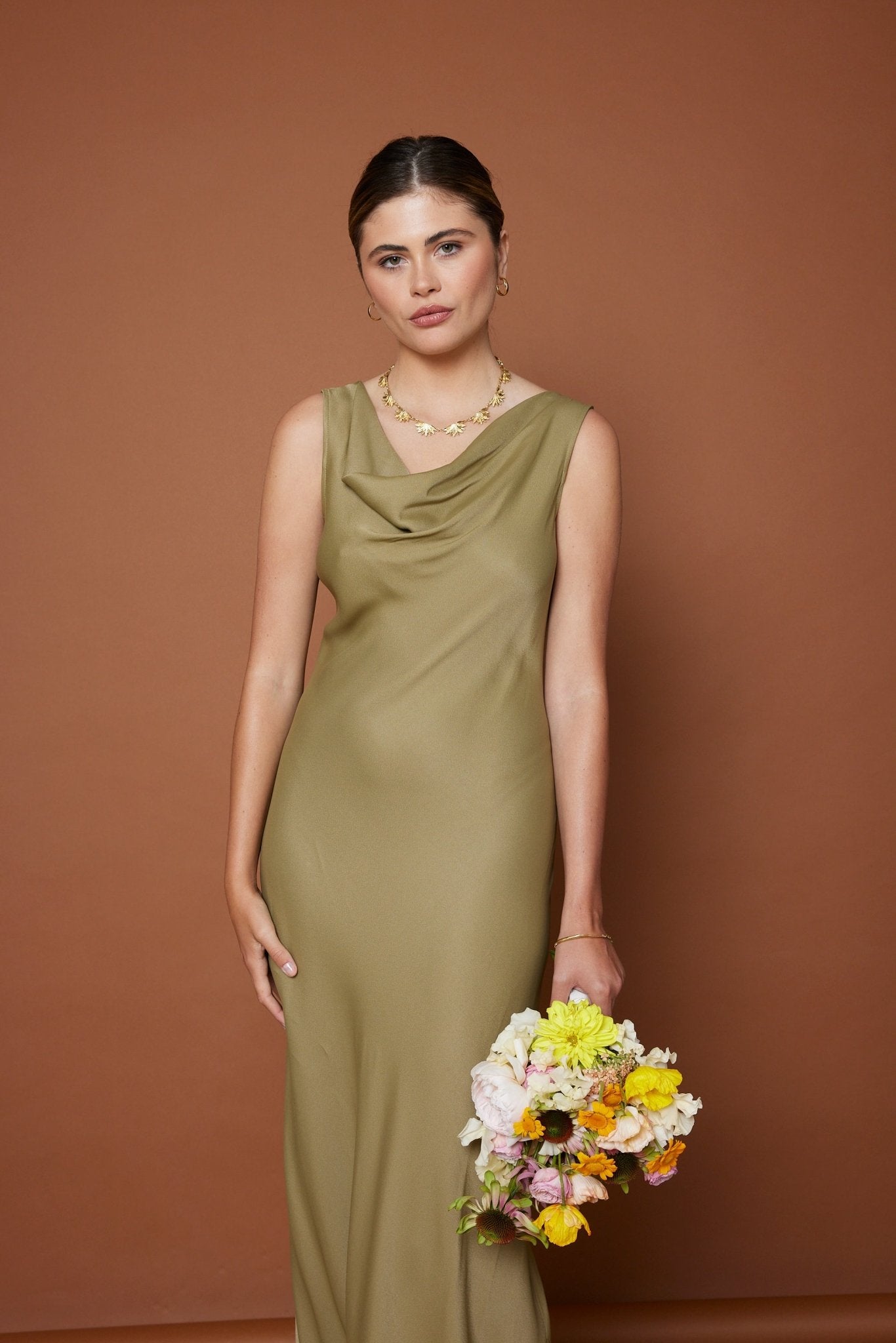 Pandy Satin Cowl Dress - Olive Green NEW - Maids to Measure