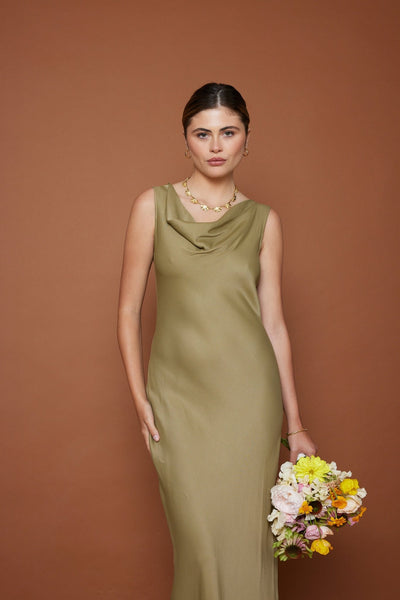 Pandy Satin Cowl Dress - Olive Green NEW - Maids to Measure