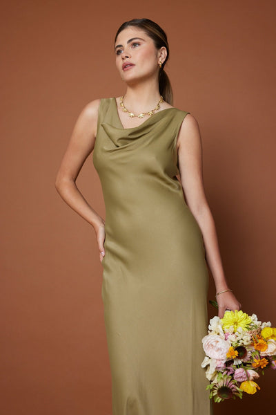 Pandy Satin Cowl Dress - Olive Green NEW - Maids to Measure