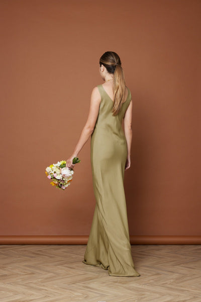 Pandy Satin Cowl Dress - Olive Green NEW - Maids to Measure