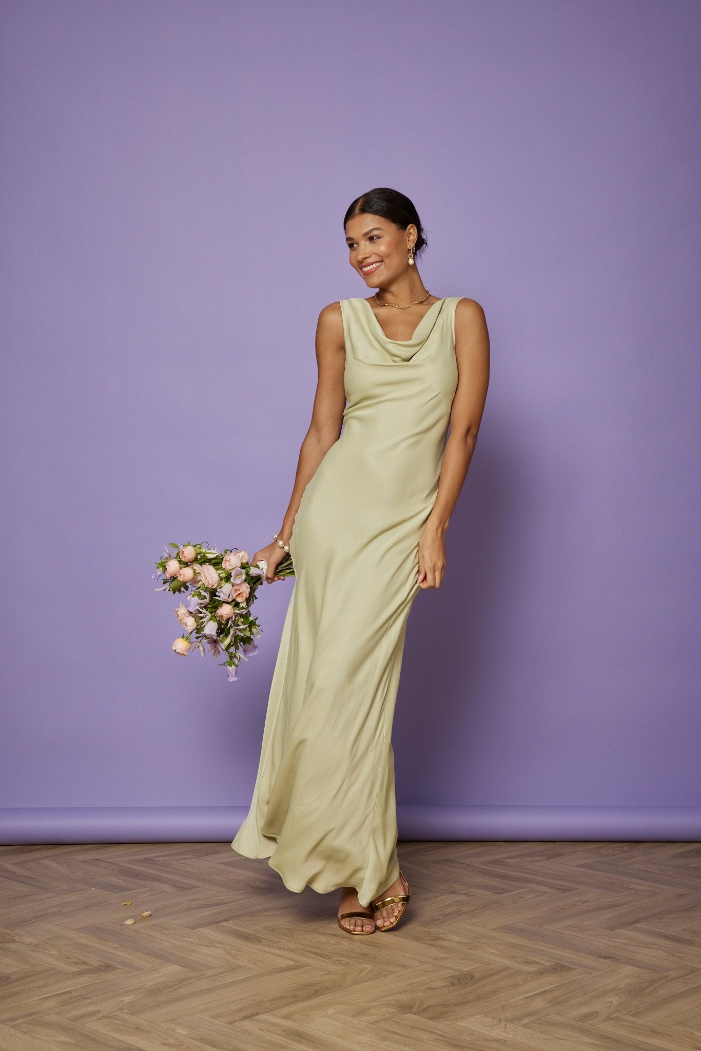Pandy Satin Cowl Dress - Sage Green NEW - Maids to Measure