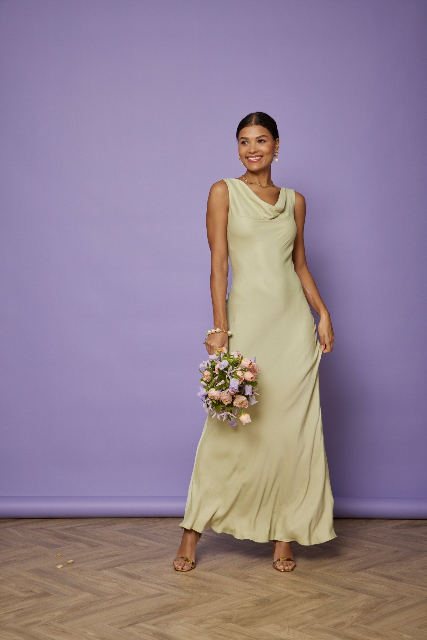 Pandy Satin Cowl Dress - Sage Green NEW - Maids to Measure