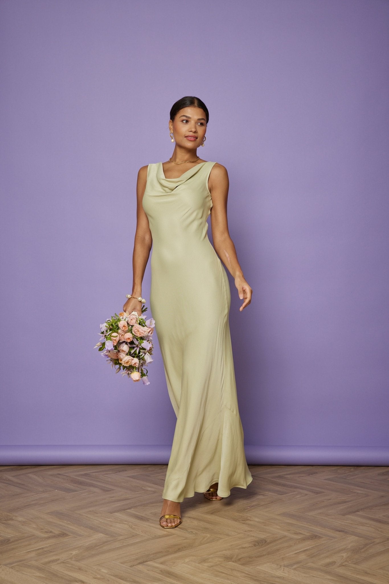 Pandy Satin Cowl Dress - Sage Green NEW - Maids to Measure