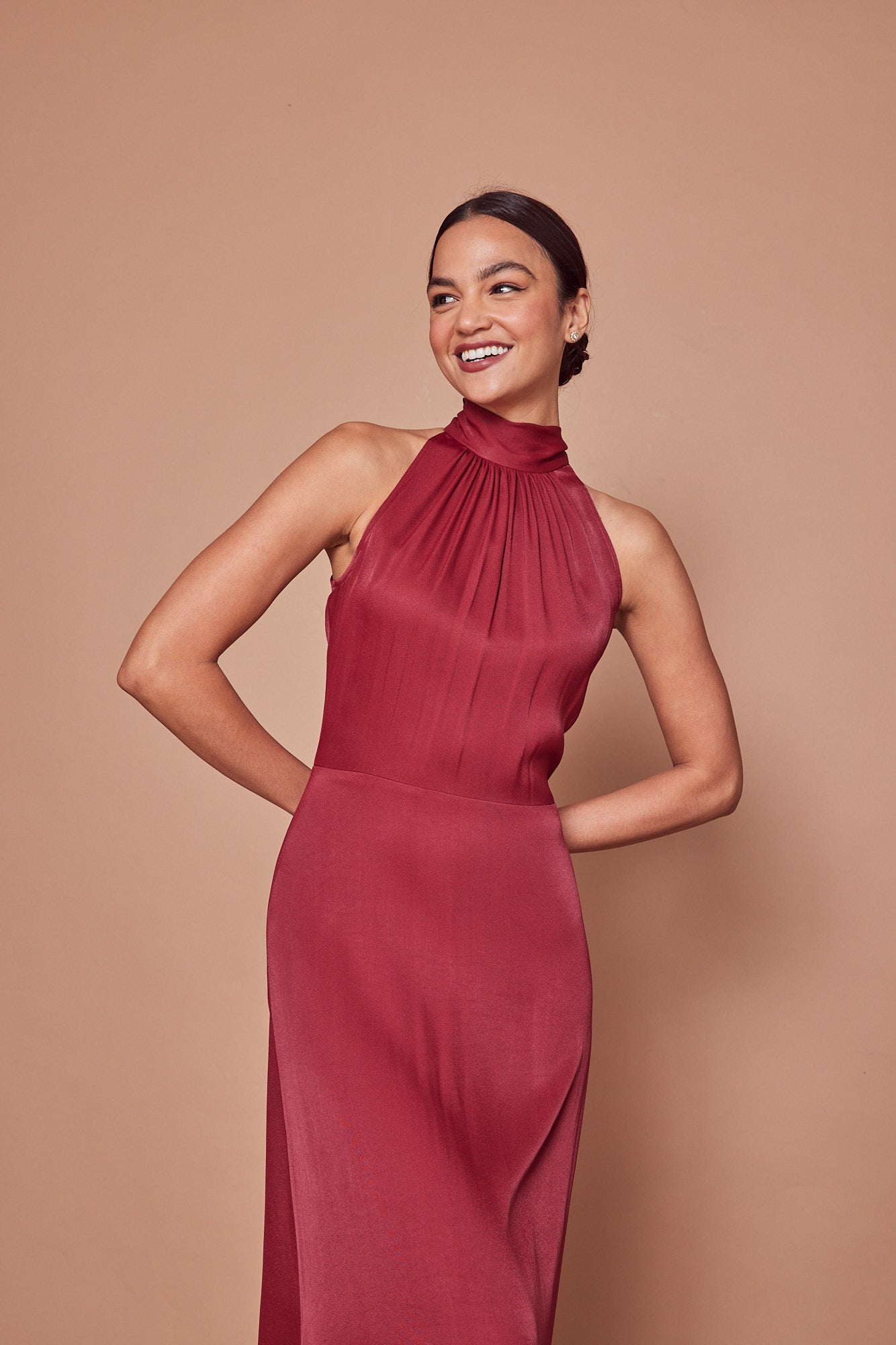 Tilly Satin High Neck Scarf Tie Halter Dress - Burgundy - Maids to Measure