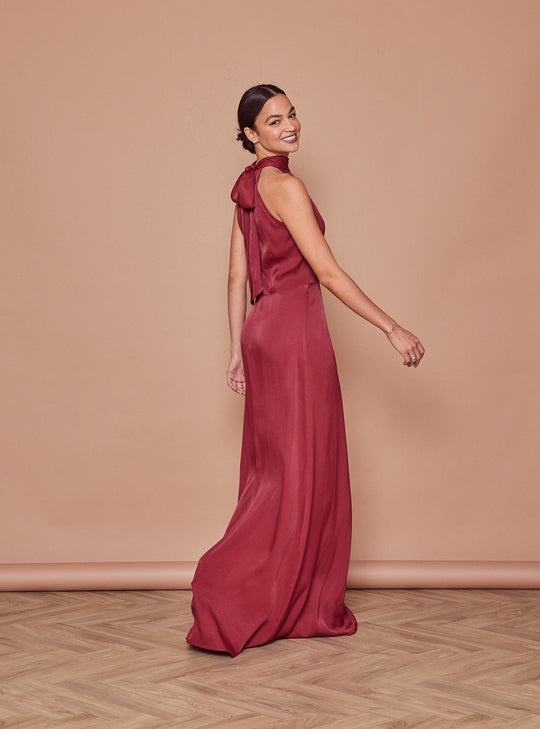 Tilly Satin High Neck Scarf Tie Halter Dress - Burgundy - Maids to Measure
