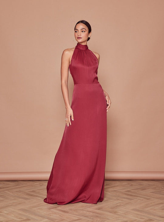 Tilly Satin High Neck Bridesmaid Dress - Burgundy - 6 / Burgundy