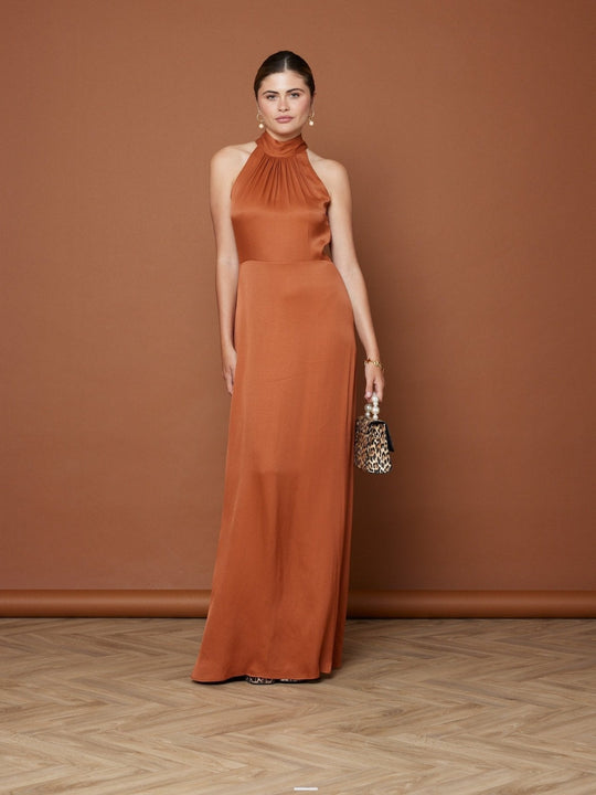 Tilly Satin High Neck Bridesmaid Dress - Burnt Orange - 12 / Burnt Orange