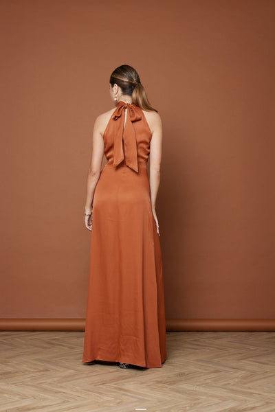 Tilly Satin High Neck Scarf Tie Halter Dress - Burnt Orange NEW - Maids to Measure