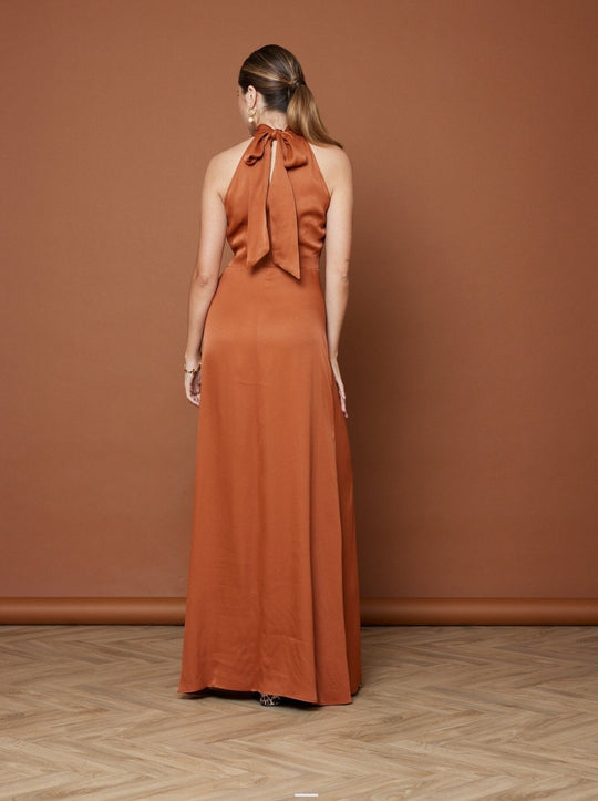 Tilly Satin High Neck Scarf Tie Halter Dress - Burnt Orange NEW - Maids to Measure