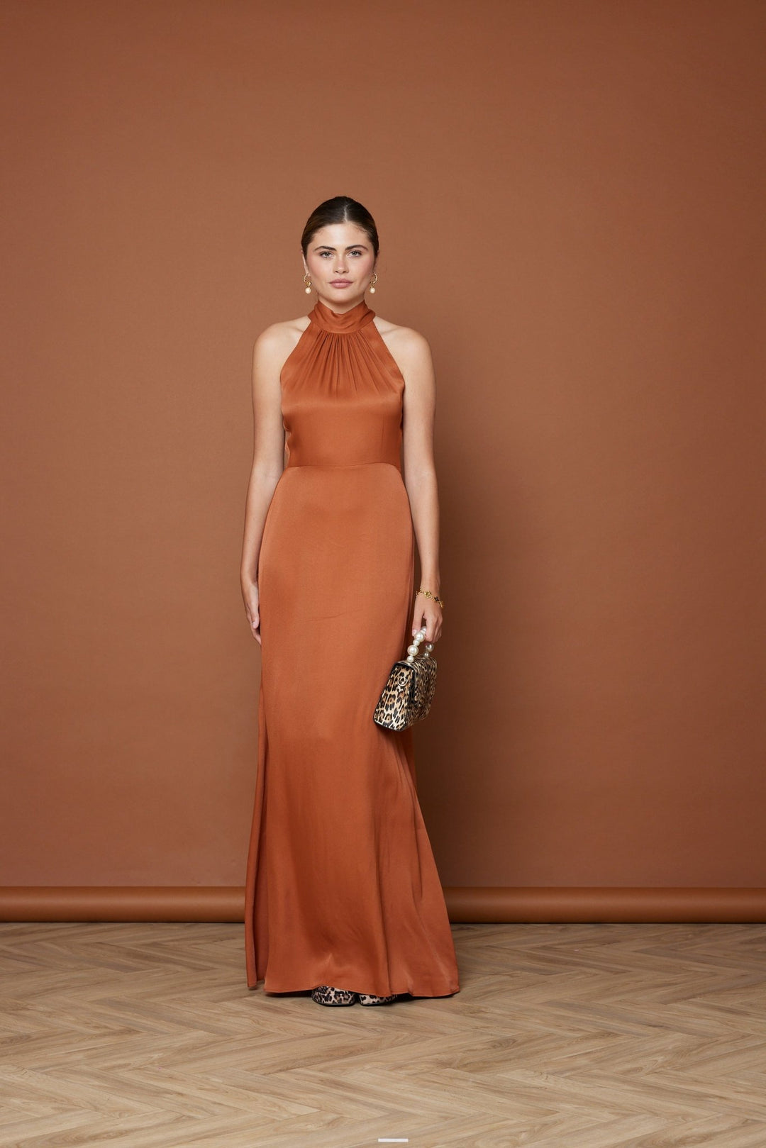 Tilly Satin High Neck Bridesmaid Dress Burnt Orange