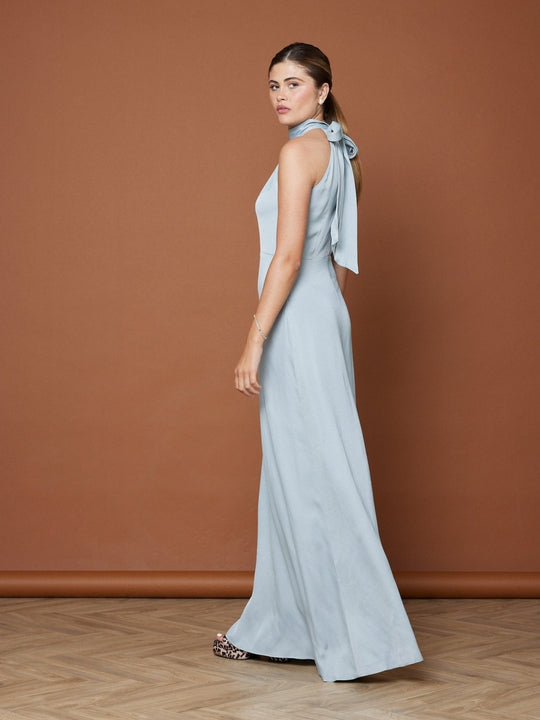 Tilly Satin High Neck Scarf Tie Halter Dress - Duck Egg NEW! - Maids to Measure