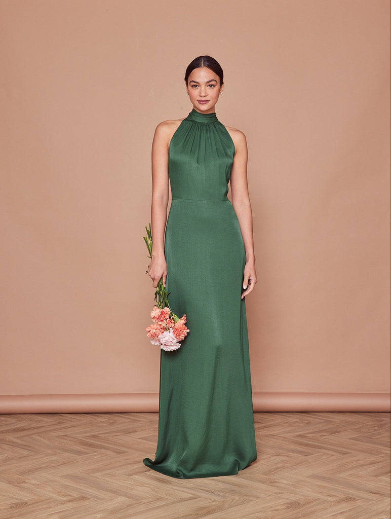 Tilly Satin High Neck Bridesmaid Dress - Emerald Green, 14 / Emerald Green