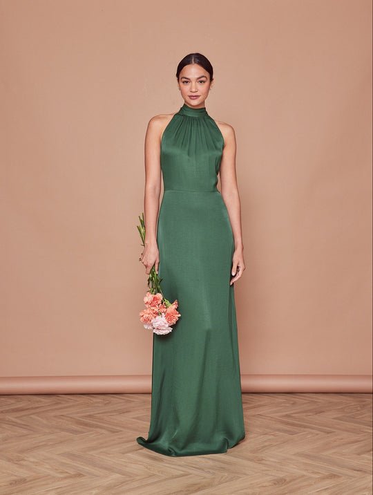 Tilly Satin High Neck Bridesmaid Dress - Emerald Green - 10 / Emerald Green