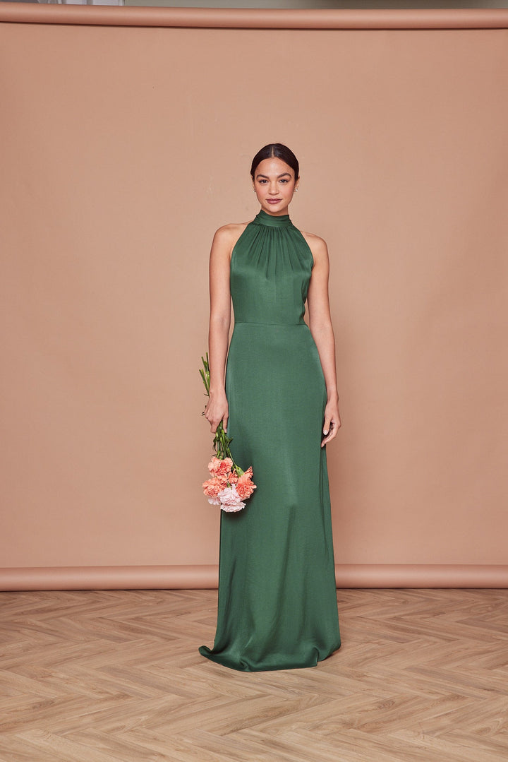 Tilly Satin High Neck Bridesmaid Dress Emerald Green