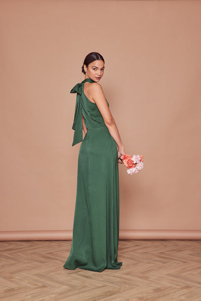 Tilly Satin High Neck Scarf Tie Halter Dress - Forest Green - Maids to Measure