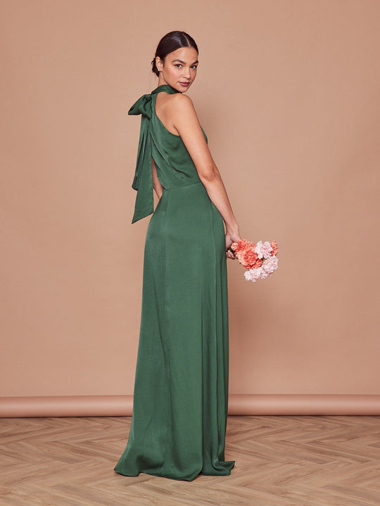 Tilly Satin High Neck Scarf Tie Halter Dress - Forest Green - Maids to Measure