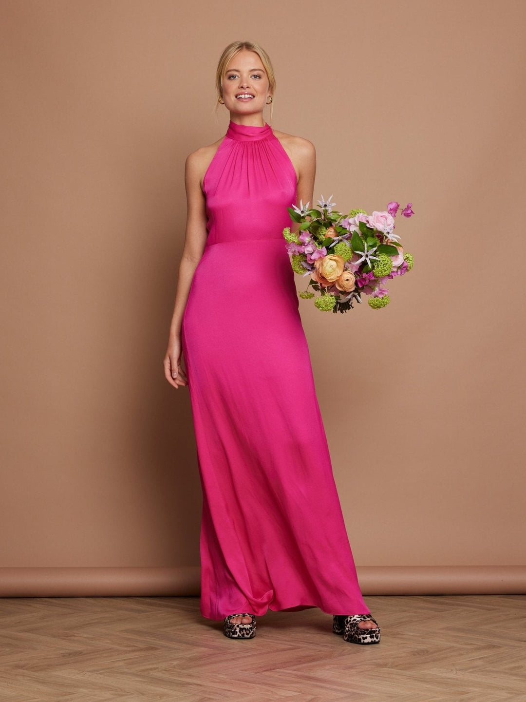 high neck hot pink dress Hot Pink Racer Neck High Low Frill Hem Midi Dress AX Paris US