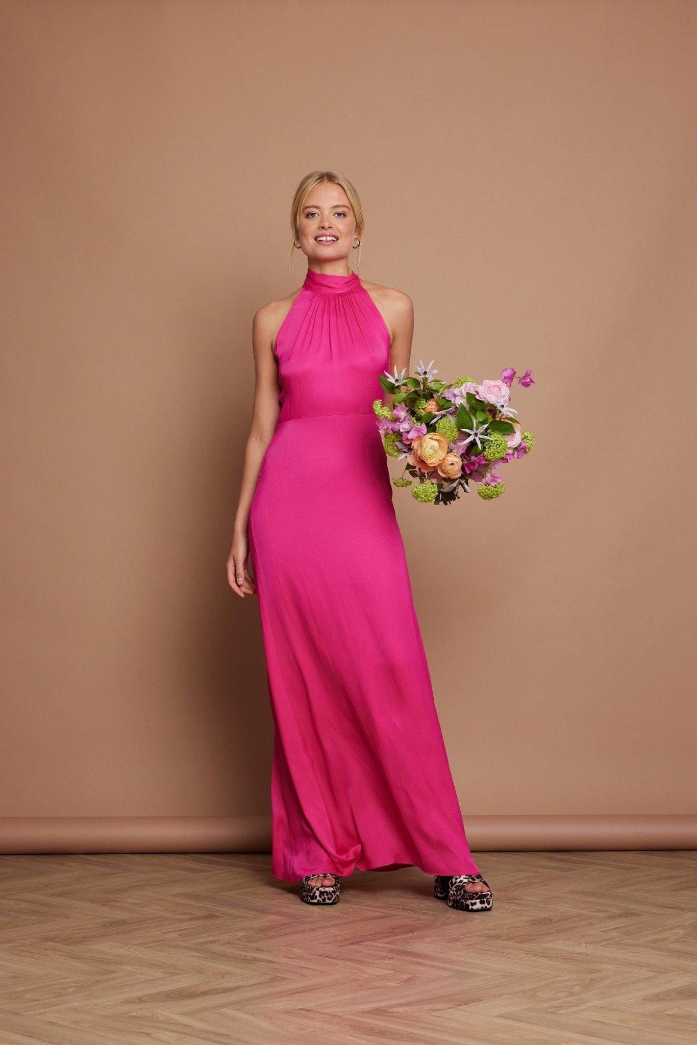 Tilly Satin High Neck Scarf Tie Halter Dress - Hot Pink - Maids to Measure