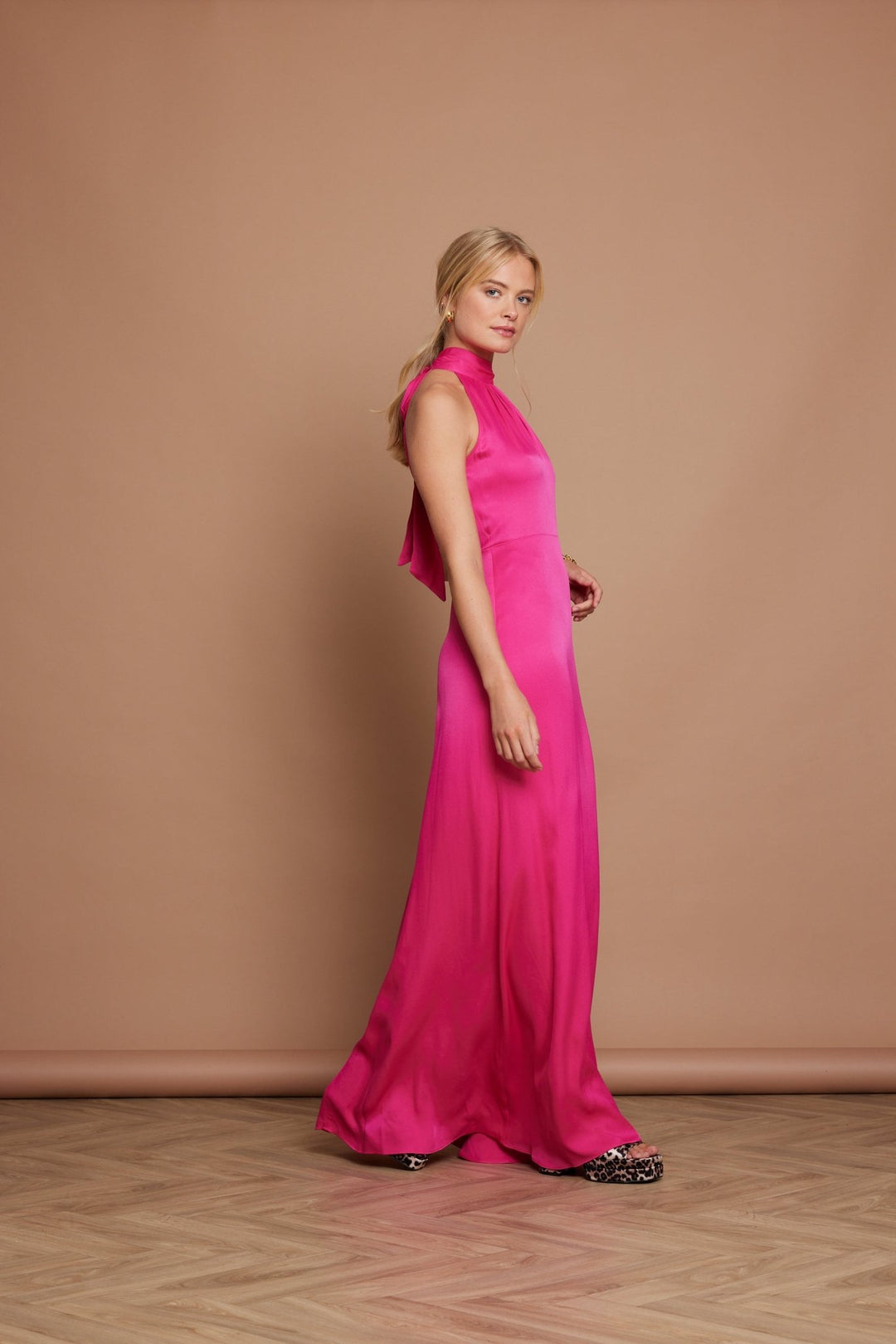 Tilly Satin High Neck Scarf Tie Halter Dress Hot Pink