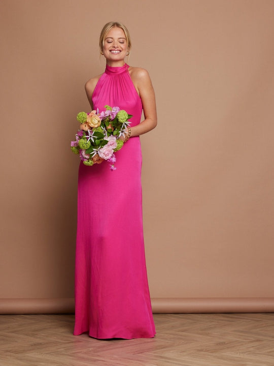Tilly Satin High Neck Bridesmaid Dress - Hot Pink - 6 / Hot Pink