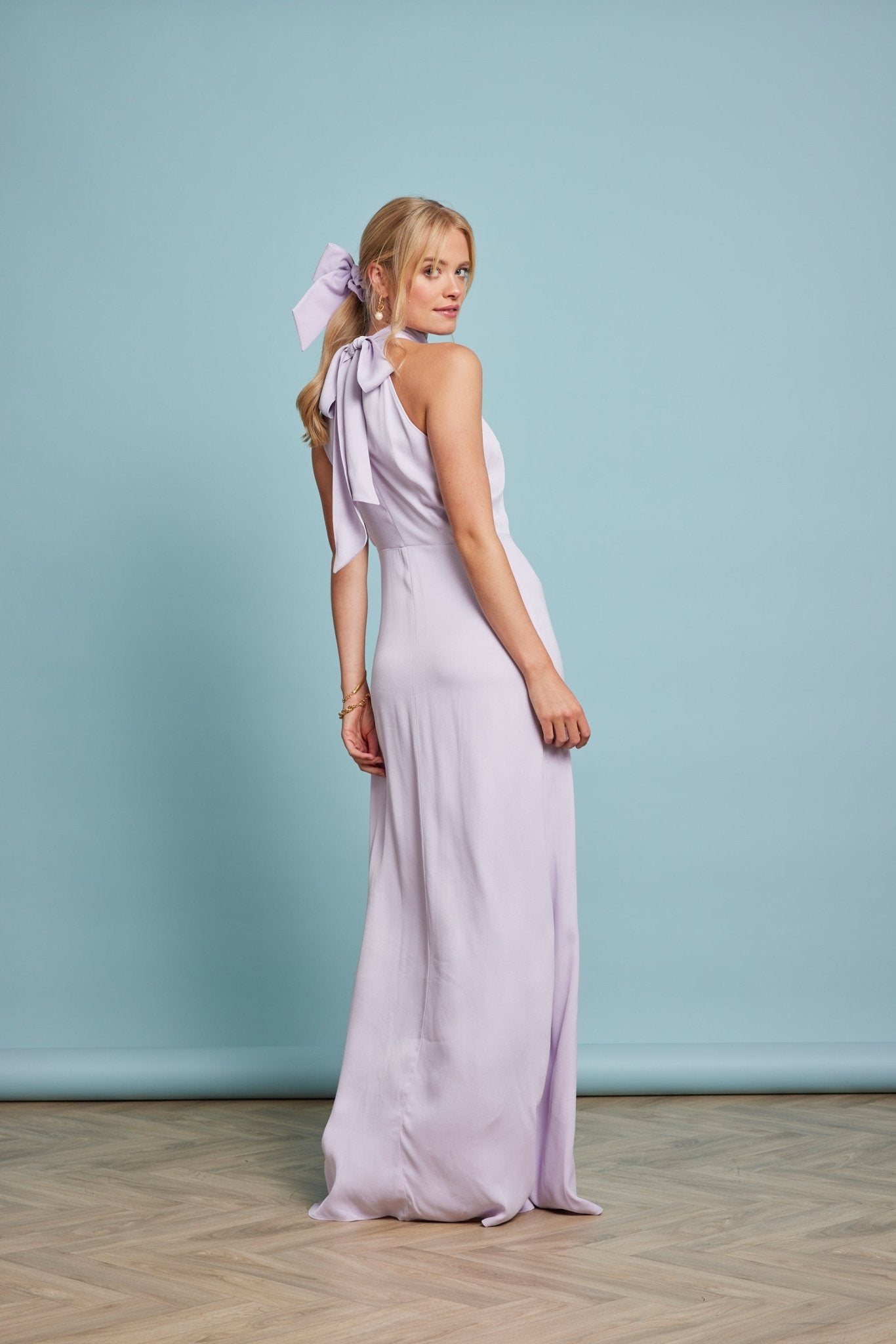 Tilly Satin High Neck Scarf Tie Halter Dress - Lilac - Maids to Measure