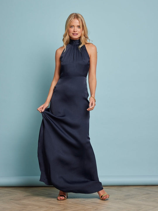 Tilly Satin High Neck Scarf Tie Halter Dress - Navy Blue NEW! - Maids to Measure
