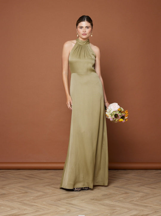 Tilly Satin High Neck Bridesmaid Dress - Olive Green - 14 / Olive Green