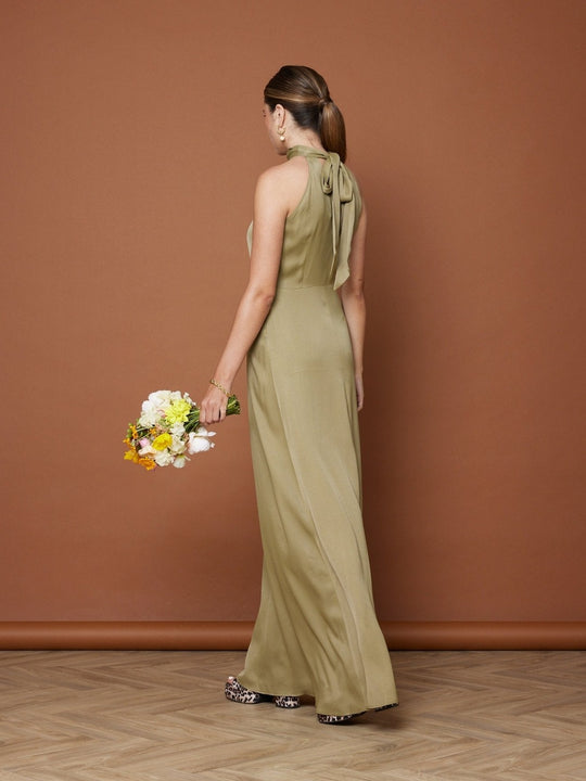 Tilly Satin High Neck Scarf Tie Halter Dress - Olive Green NEW - Maids to Measure