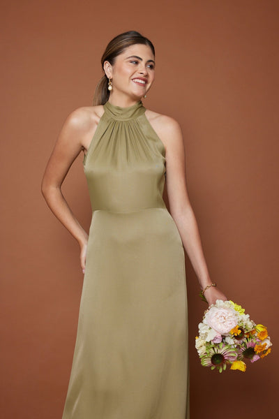 Tilly Satin High Neck Scarf Tie Halter Dress - Olive Green NEW - Maids to Measure