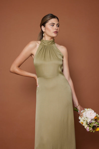 Tilly Satin High Neck Scarf Tie Halter Dress - Olive Green NEW - Maids to Measure