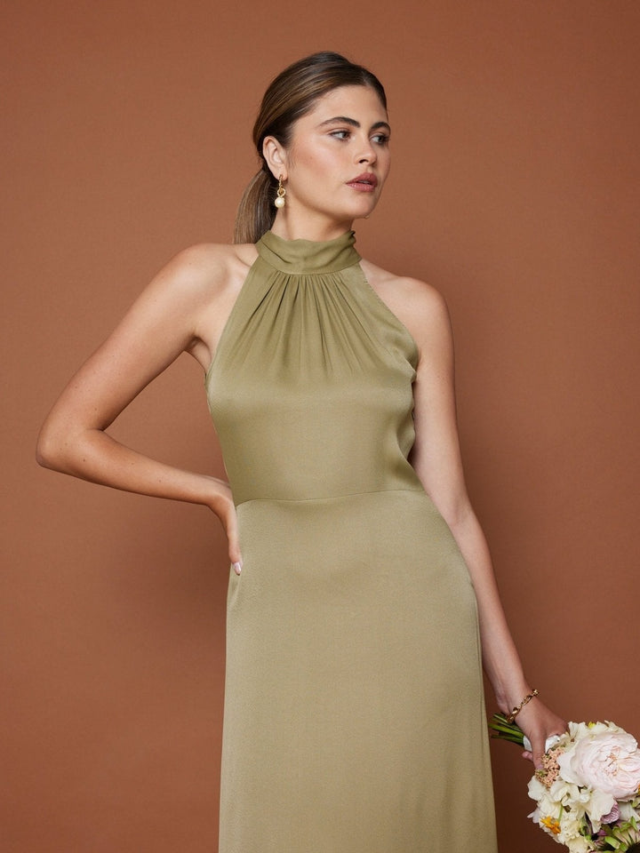 high neck olive green dress ASOS DESIGN Tall high neck scarf maxi dress in olive green