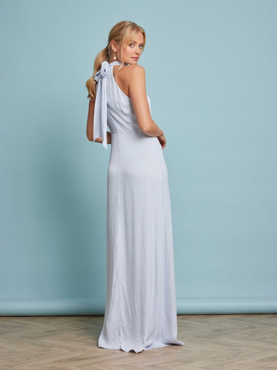 Tilly Satin High Neck Scarf Tie Halter Dress - Pale Blue NEW! - Maids to Measure