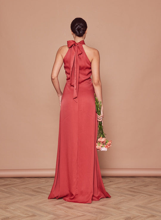 Tilly Satin High Neck Scarf Tie Halter Dress - Rust - Maids to Measure