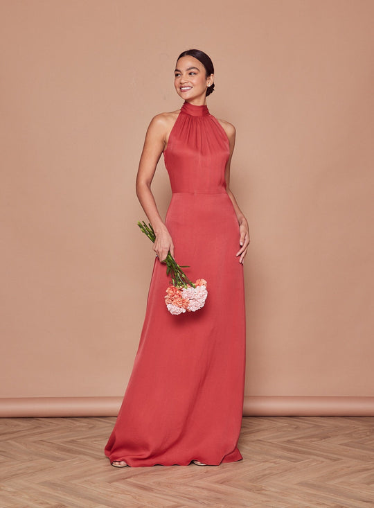 Tilly Satin High Neck Bridesmaid Dress - Rust - 14 / Rust